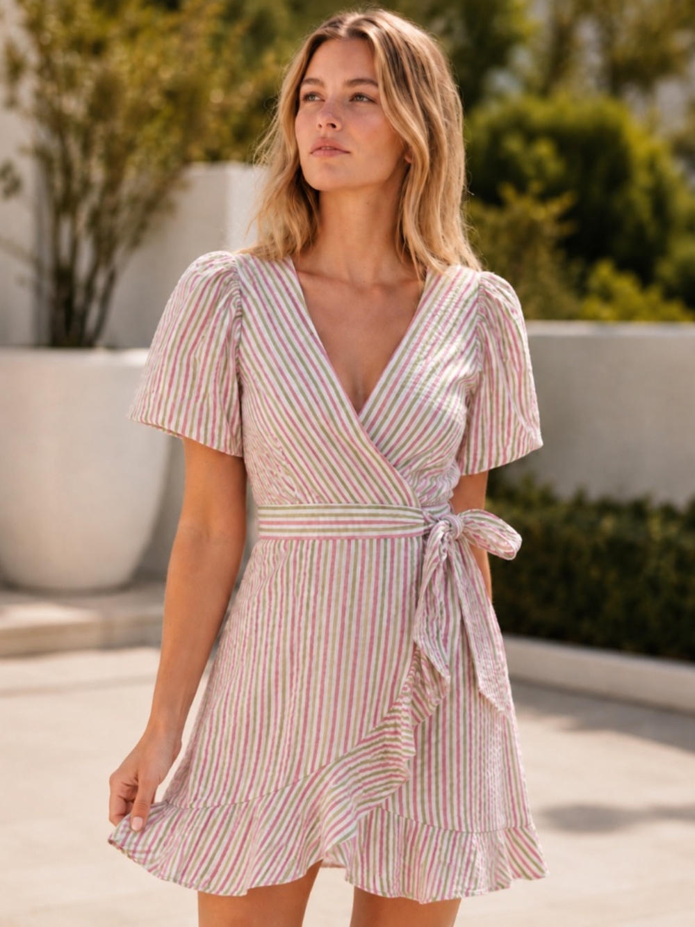 Draper James RSVP Puff Sleeve Wrap Dress Pink Green Stripe Women's Size XS